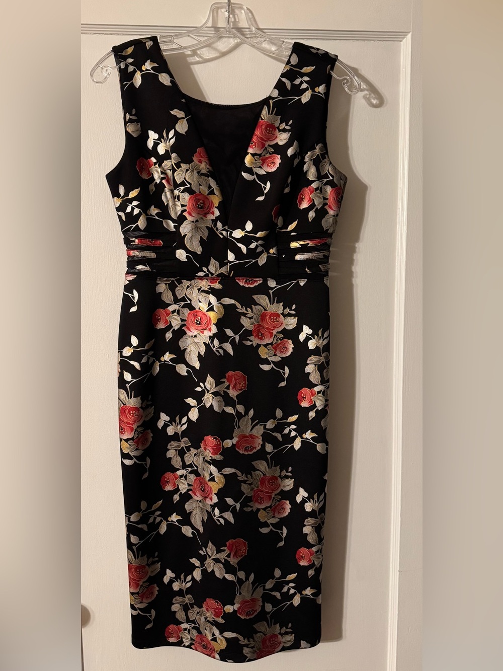 Enfocus Studio Black Midi Dress with Red Rose Print and Cream Foliage